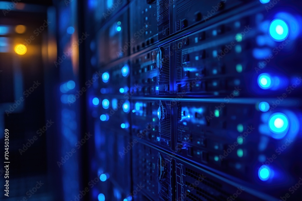 Closeup data storage server room switchboard glowing in blue colors in dark as technology background