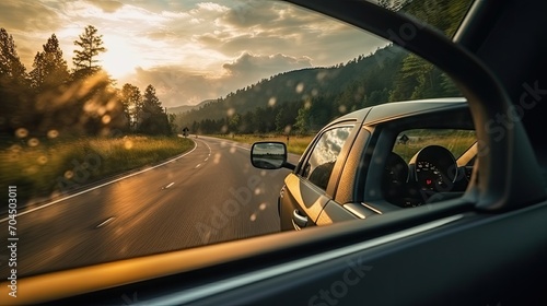 The car mirror reflects the beautiful scenery as the driver cruises down the open road, backlight photography, cubism, 8K, high detail