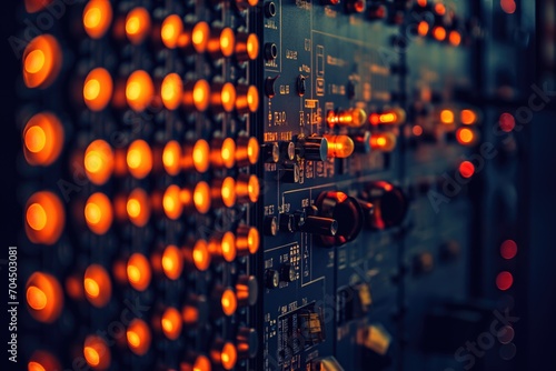 Closeup data storage server room switchboard with orange LED lights glowing in dark as IT technology background