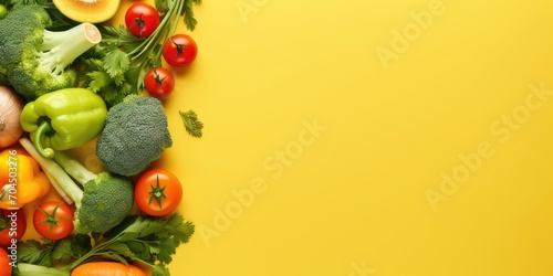 Top view vegetables on pastel yellow background. Cooking ingredient - carrot, tomatoes, cucumber, pepper, broccoli, onion. Vegetarian organic food eating banner. Copy space.