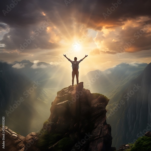 Silhouette of a woman with raised hands on the top of the mountain
