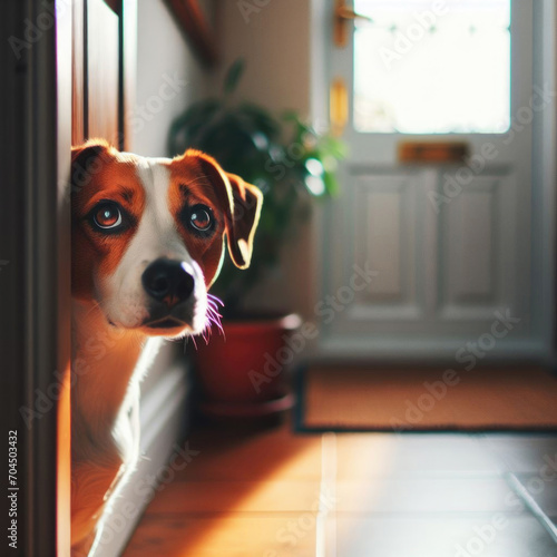 Owner's pet waits patiently for their return at front door 