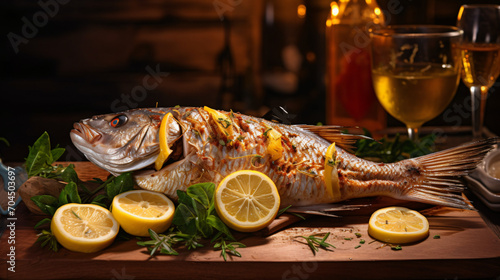 Tasty grilled fish dorado with lemon on kitchen