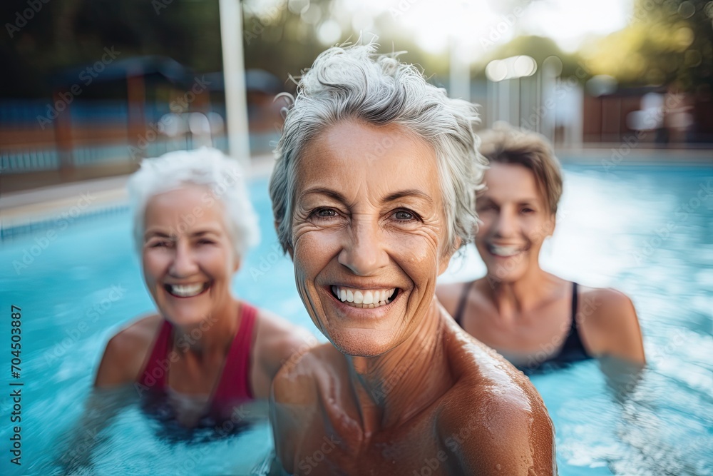 Women enjoying water swimming pool, Active senior people fitness class, retired lifestyle 