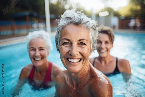 Women enjoying water swimming pool, Active senior people fitness class, retired lifestyle  © sambath