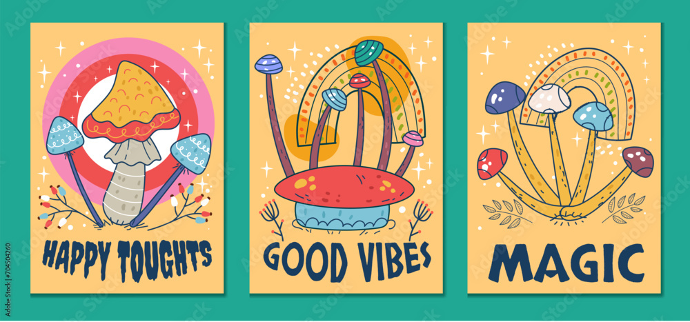 Fototapeta premium Mushroom bohemian magic psychedelic flyers isolated set. Vector flat graphic design illustration