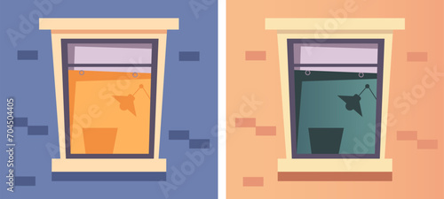 Night day window house building concept. Vector flat graphic design illustration