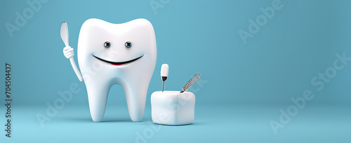 3d tooth with brush against blue background, world Oral day, world dentist day, oral and mouth care .