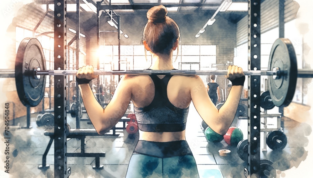 The image depicts a woman from behind as she is performing a squat exercise in a gym, holding a barbell on her shoulders. The image depicts a woman from behind as she is performing a squat exercise in a gym, holding a barbell on her shoulders.