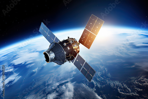 A satellite in space over earth for international connecting communication network. photo