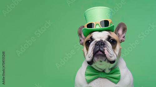A Bulldog wear hat against green background , Saint Patrick day, Lucky.