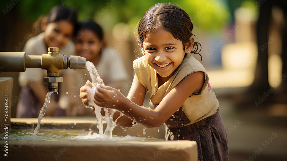 Child girl washing hand , world water day , a Natural climate change. - obrazy, fototapety, plakaty 