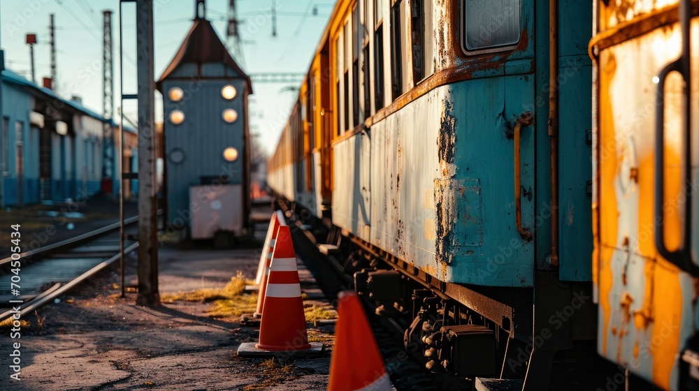 a train is outside of an orange cone, in the style of high quality photo, light azure and silver