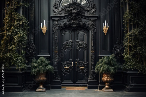 Front black door in the mansion. Entrance to the rich house building. Dark gothic architecture.