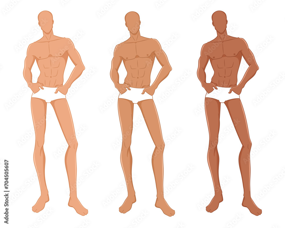 Male fashion model posing. Nine-head fashion figure template. Handsome young man, vector illustration. Man fashion colored croquis with different skin tones. Male fashion model posing. Nine-head fashion figure template. Handsome young man, vector illustration. Man fashion colored croquis with different skin tones.