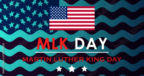 Martin Luther King Jr Day, MLK Day celebrate civil rights in US banner. Day of Service Concept of Unity and Equality graphic with national flag of USA patriotic African event liberty BG photo