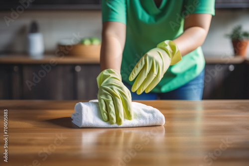 Close up hand of woman cleaning table in kitchen wearing gloves at home. photo