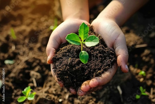 children's hand holding soil with plant plant growing