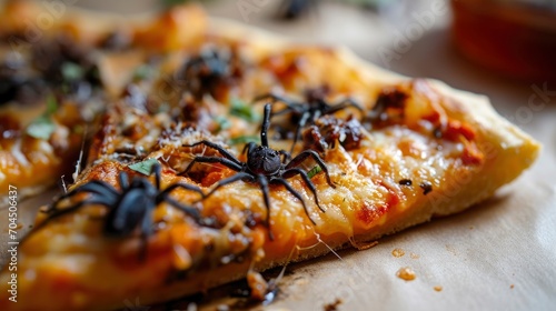 photo of a piece of pizza with dead spiders on it as toppings
