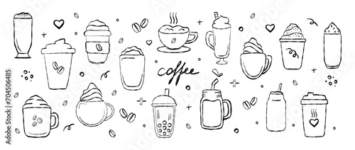 Hand drawn set of different types coffee beverage. Doodle vector illustrations isolated on white background. Espresso, americano, cappuccino, latte.