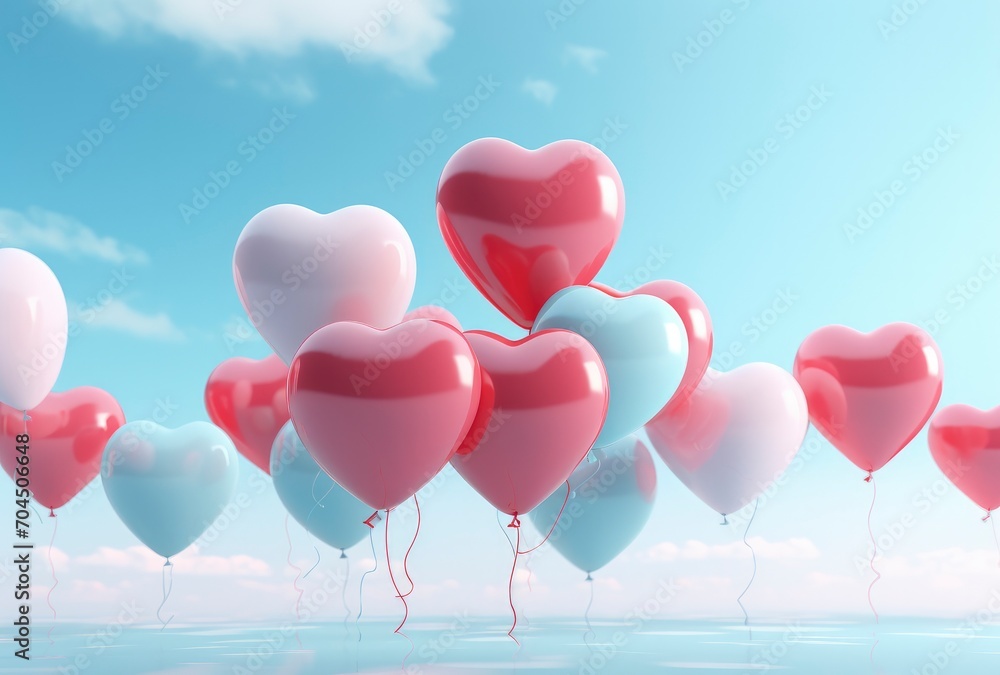 the red, pink and blue balloons form hearts