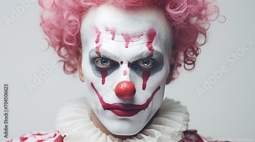 Close-up portrait of a scary clown with pink hair and makeup.