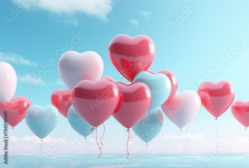 the red  pink and blue balloons form hearts