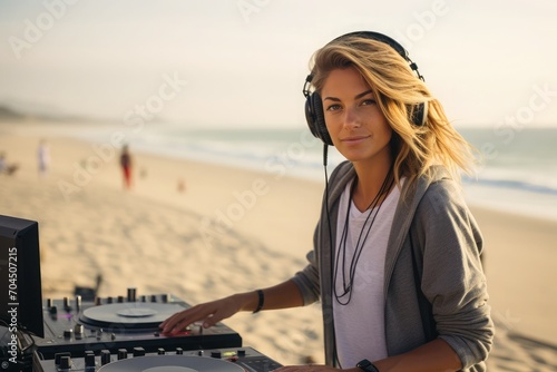 A woman ukraine beautiful middle of DJing on top of a beach, strong facial expressio © Dara
