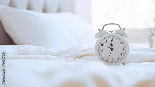 World sleeping day , alarm clock in white bed . a Relaxion.