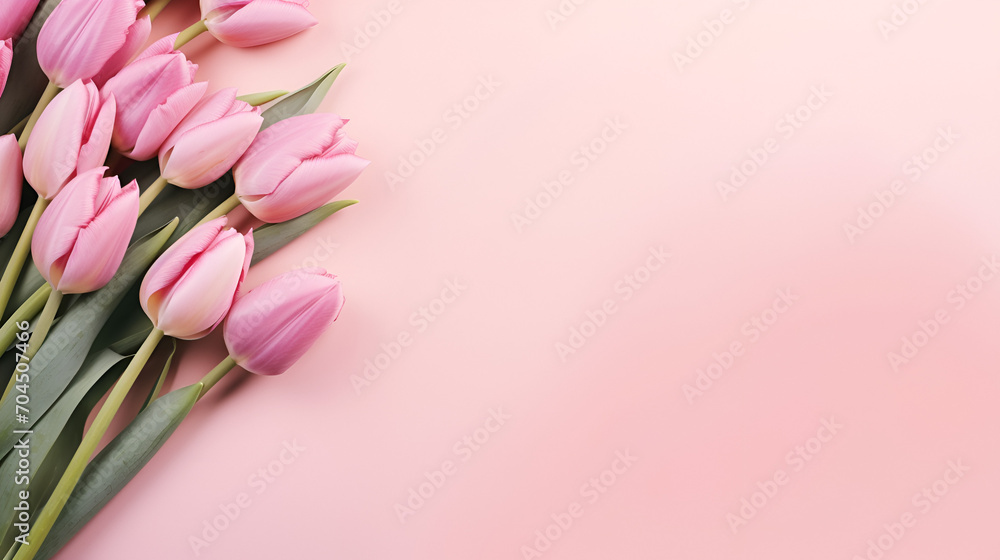 Greeting card of bouquet of pink tulips on a pastel pink background with copy space, generative ai