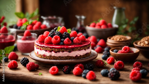 close-up of a beautiful chocolate cake decorated with blueberries and raspberries, AI generated