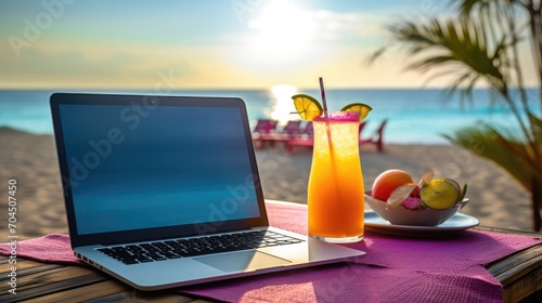 A black laptop with a rainbow-backlit keyboard and a screen showing the scenery of the beach,