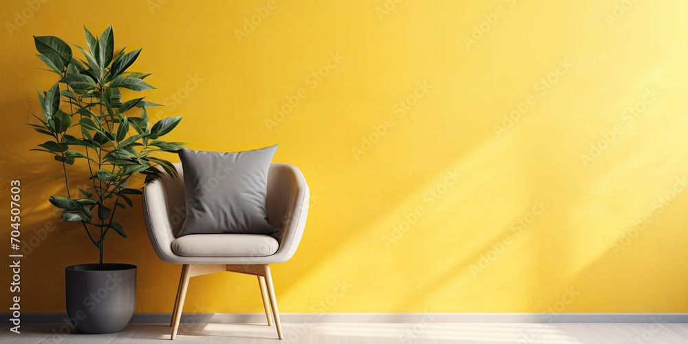 Cosy yellow seat, table, and plant near bright wall.