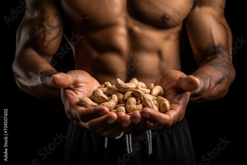 A bodybuilder holding cashew peanuts with one hand and he has only one cashew peanut in other hand