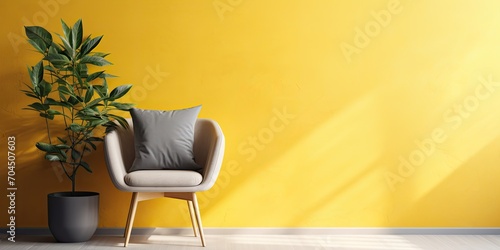 Cosy yellow seat, table, and plant near bright wall. © Vusal