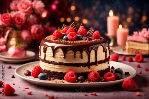 close-up of a beautiful chocolate cake decorated with raspberries, currants, blackberries and blueberries, AI generated