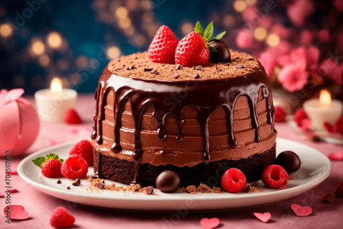 close-up of a beautiful chocolate walnut cake decorated with raspberries and blueberries, AI generated