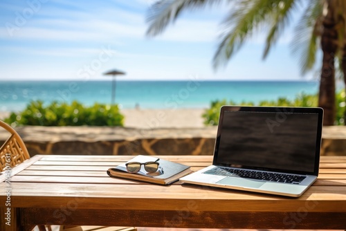 A business laptop on a wooden table in front of a beautiful sea, zoomed out