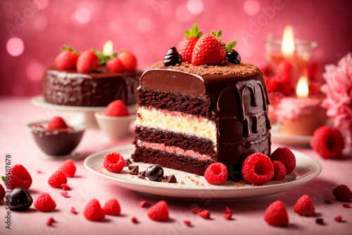 close-up of a beautiful piece of chocolate cake decorated with raspberries and blueberries, AI generated
