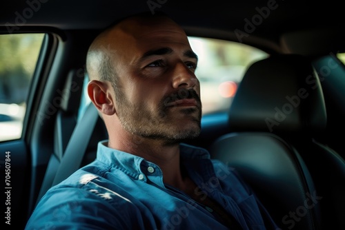 A handsome 40yo Western man.Inside a sleek electric car, © Dara