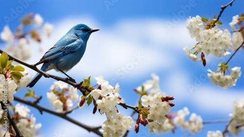 A lovely bird settled on the branch, enjoying the beautiful flowers and the blue sky and white clouds, © Dara