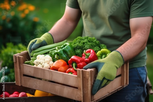 A Man wearing gloves with fresh vegetables in the box in her hands.