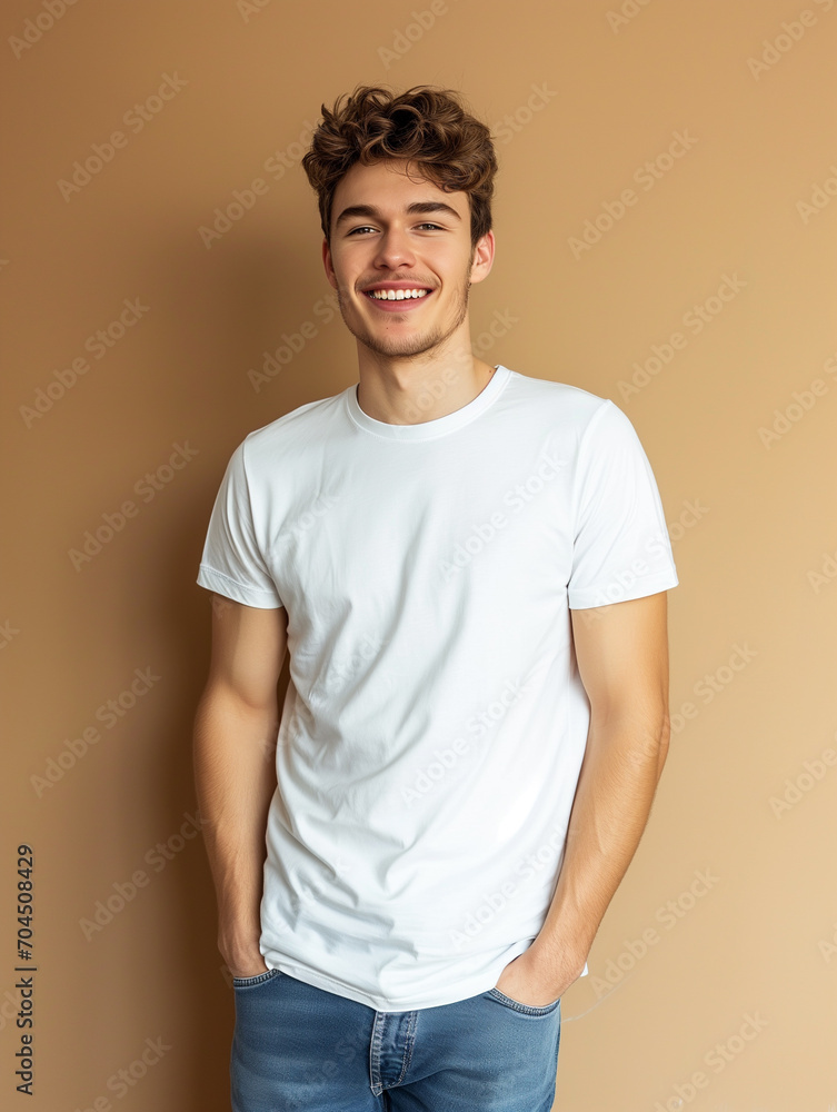  mockup t-shirt wearing on a model	. beige background