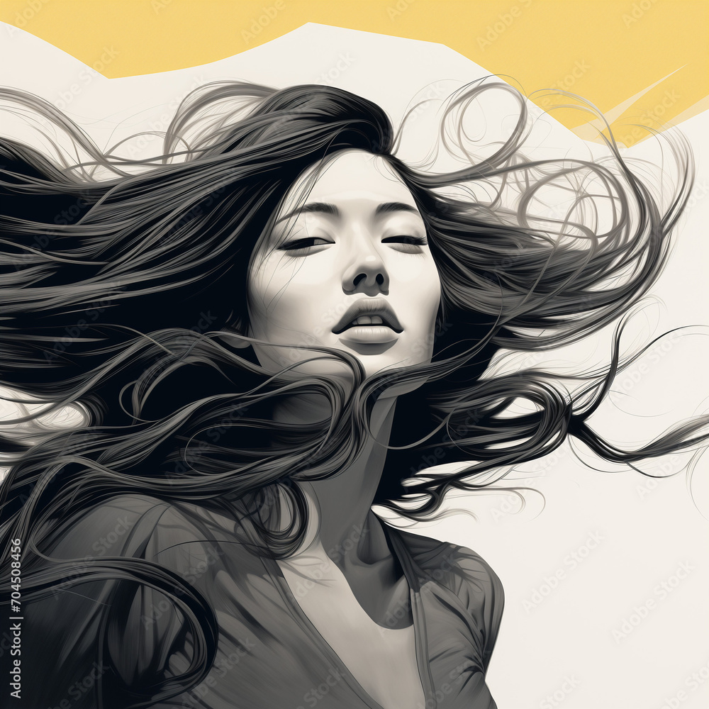 Portrait d'une belle jeune femme d'origine asiatique avec les cheveux au vent, portrait noir et blanc avec une touche de jaune Portrait d'une belle jeune femme d'origine asiatique avec les cheveux au vent, portrait noir et blanc avec une touche de jaune