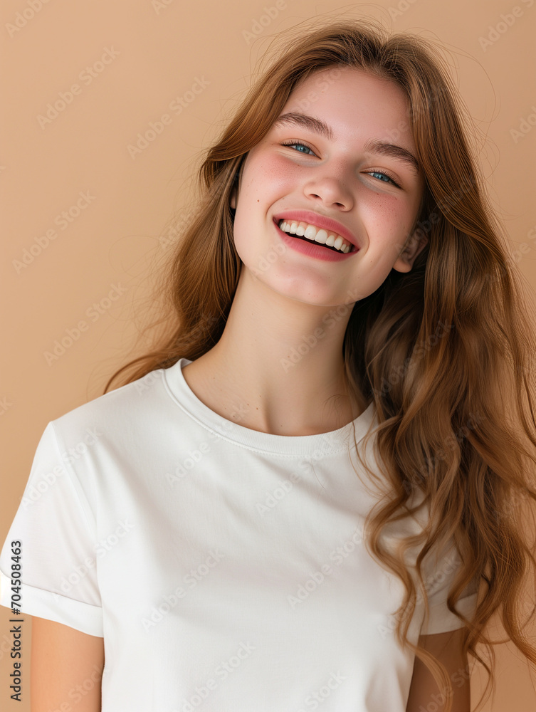 mockup t-shirt wearing on a model . beige background mockup t-shirt wearing on a model . beige background