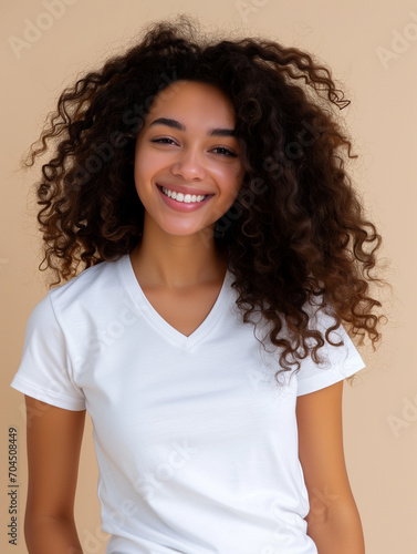  mockup t-shirt wearing on a model . beige background