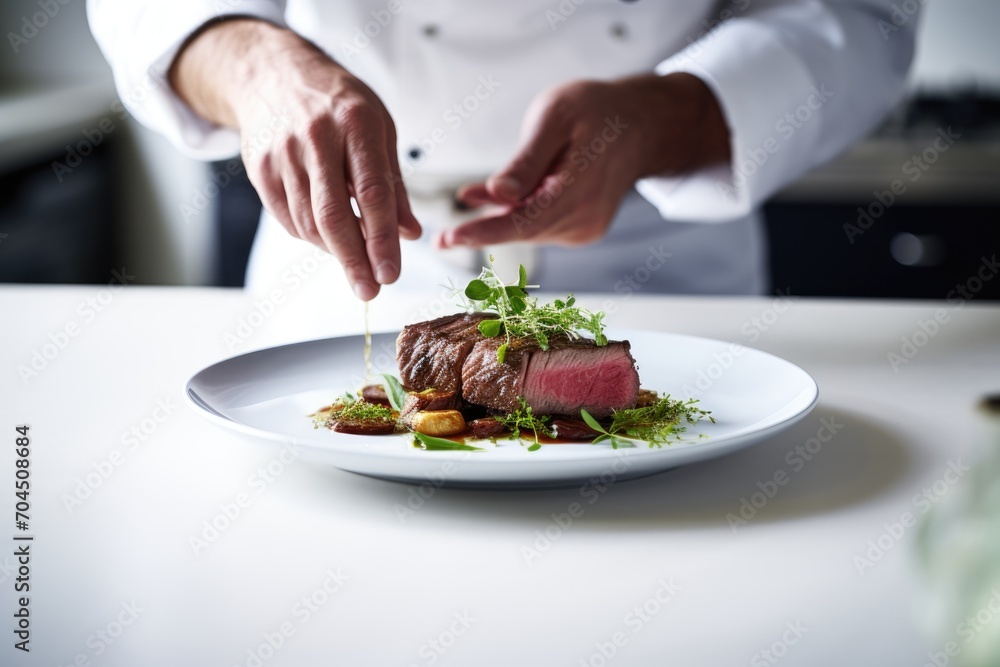 Craft an award-winning photograph chefs hands cooking steak, elegantly presented on a pristine white plate, set on a clean white kitchen table