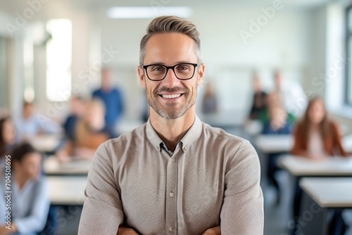 A young man teacher with no glasses Photo Realistic Style looking to the camera. 