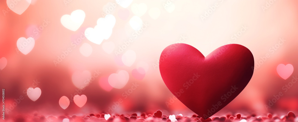 Valentine's Day card, big red heart on bokeh background with copy space