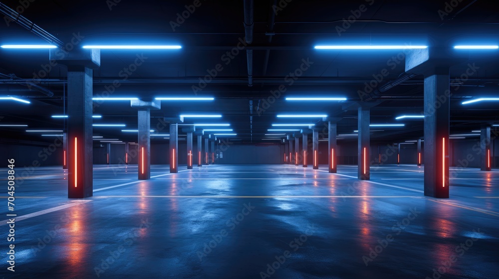 Fototapeta premium Abstract empty parking interior with concrete pillars and neon lights